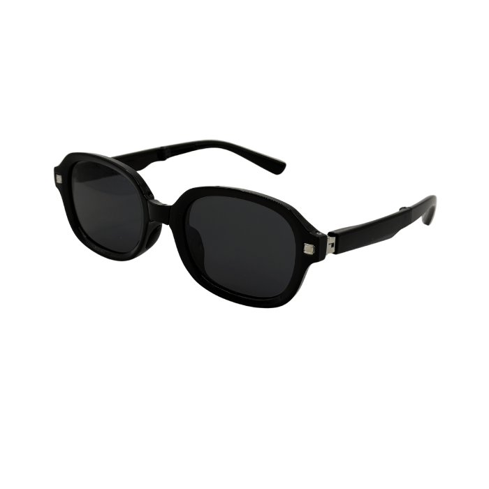 A pair of foldable, round-framed Black Colour sunglasses and polarized lenses.