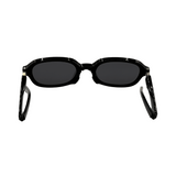 Temple Detail of foldable, round-framed Black Colour sunglasses and polarized lenses.