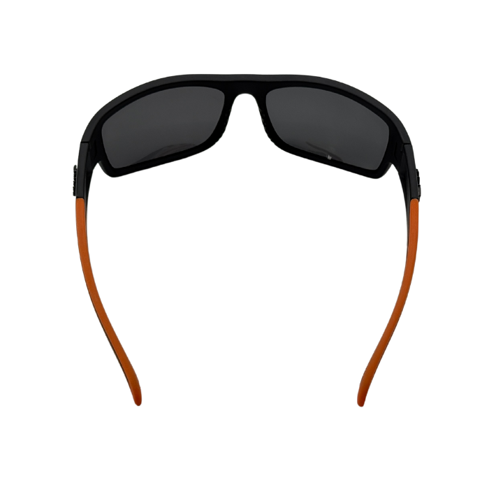 Hokky sports sunglasses with a side arm in a black frame and orange accent. - Back View