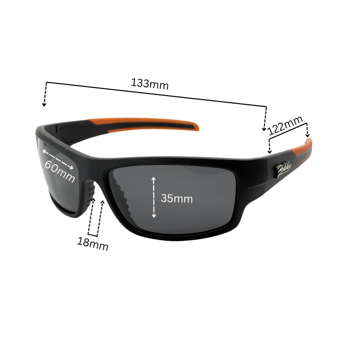 Hokky sports sunglasses with a side arm in a black frame and orange accent. - Dimensions
