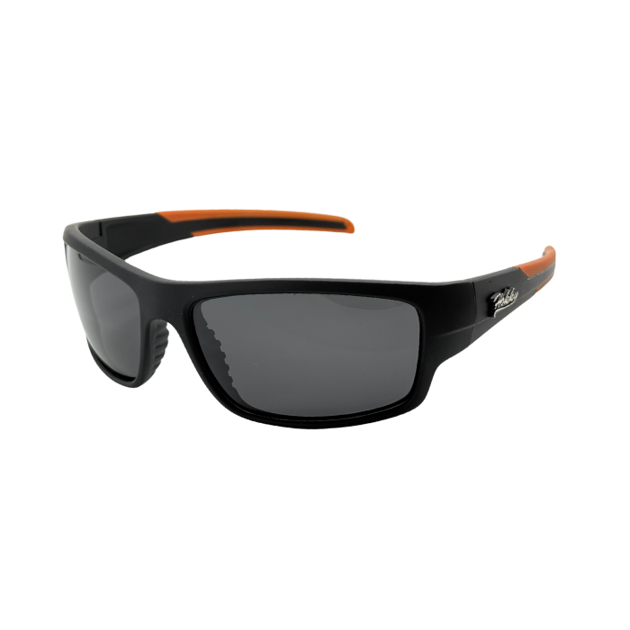 A pair of black sports sunglasses with orange accents on the arms and a polarized lens.