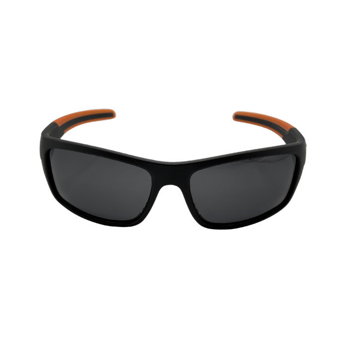 A pair of black sports sunglasses with orange accents on the arms and a polarized dark grey lens.