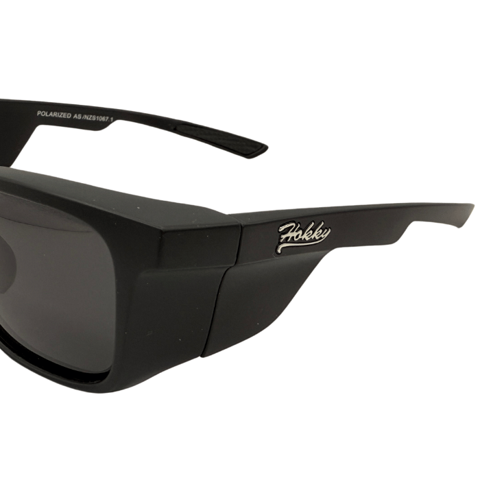 Temple detail of Black colour Hokky 'Horizon' sunglasses with polarised UV-protected lenses and an adjustable bridge.