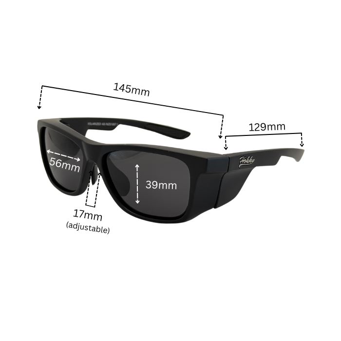 Dimensions of Black colour Hokky 'Horizon' sunglasses with polarised UV-protected Blue lenses and an adjustable bridge.