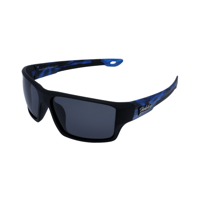 A pair of 'Hokky Nebula' unisex sunglasses with black and blue frames, and anti-glare lenses.