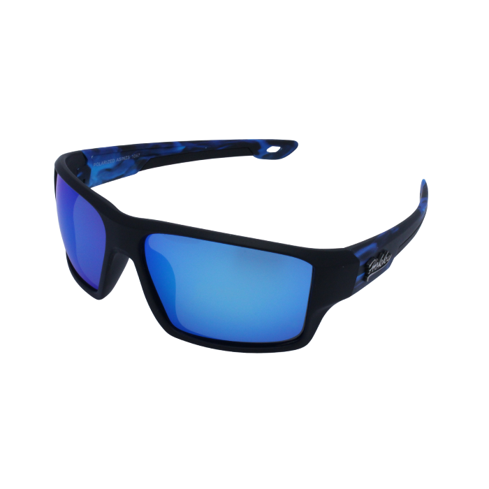 A pair of 'Hokky Nebula' unisex sunglasses with black and blue frames, and anti-glare Blue coloured lenses.