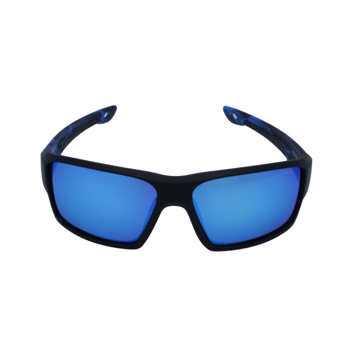 Front View of 'Hokky Nebula' unisex sunglasses with black and blue frames, and anti-glare lenses.