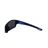 Hinges of 'Hokky Nebula' unisex sunglasses with black and blue frames, and anti-glare lenses.