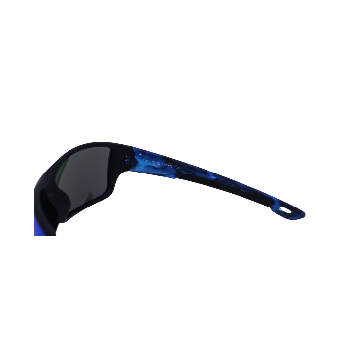 Hinges of 'Hokky Nebula' unisex sunglasses with black and blue frames, and anti-glare lenses.