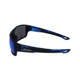 Side View of 'Hokky Nebula' unisex sunglasses with black and blue frames, and anti-glare lenses.