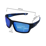 Dimensions of 'Hokky Nebula' unisex sunglasses with black and blue frames, and anti-glare lenses.