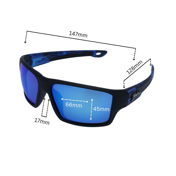 Dimensions of 'Hokky Nebula' unisex sunglasses with black and blue frames, and anti-glare lenses.