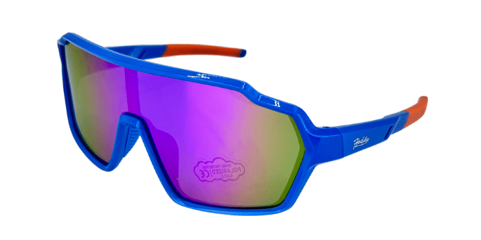 Kids' sunglasses with blue frames and orange accents on the arms. The lenses are polarized with a purple mirror finish.
