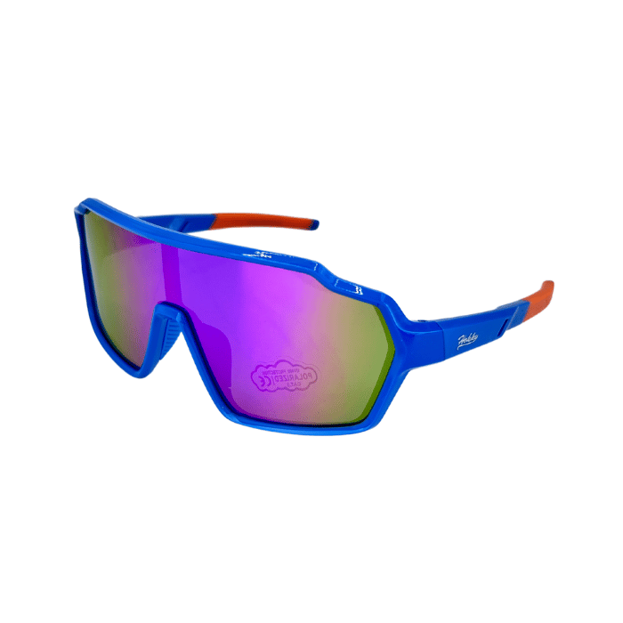 Kids' sunglasses with blue frames and orange accents on the arms. The lenses are polarized with a purple mirror finish.