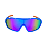 Kids' sunglasses with blue frames and orange accents on the arms. The lenses are polarized with a rainbow mirror finish.