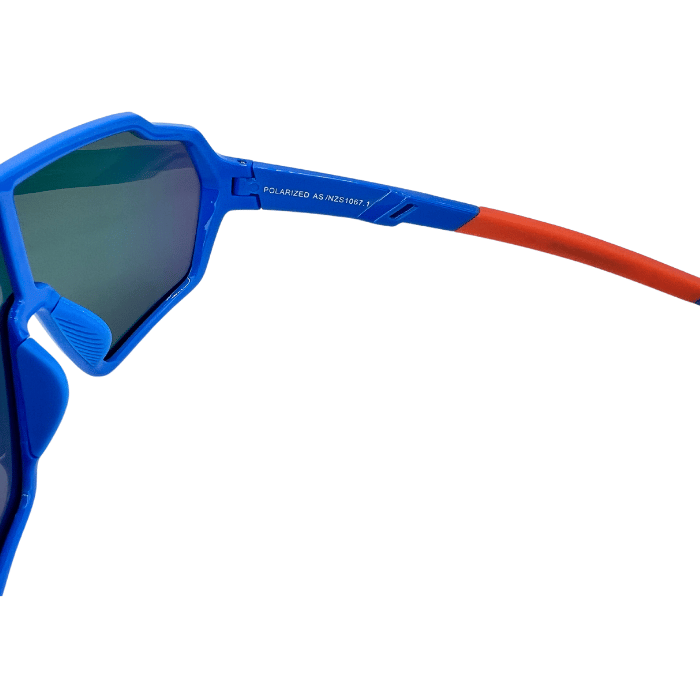 Hinges of Kids' sunglasses with blue frames and orange accents on the arms. The lenses are polarized with a rainbow mirror finish.