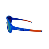 Side View of Kids' sunglasses with blue frames and orange accents on the arms. The lenses are polarized with a rainbow mirror finish.