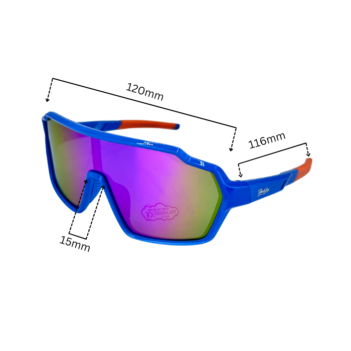 Dimension of Kids' sunglasses with blue frames and orange accents on the arms. The lenses are polarized with a rainbow mirror finish.