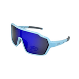 Kids' sunglasses with light blue frames and grey accents on the arms. The lenses are polarized with a purple mirror finish.