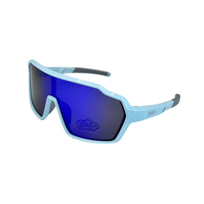 Kids' sunglasses with light blue frames and grey accents on the arms. The lenses are polarized with a purple mirror finish.