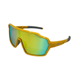 Kids' sunglasses with yellow frames and black accents on the arms. The lenses are polarized with a rainbow mirror finish.