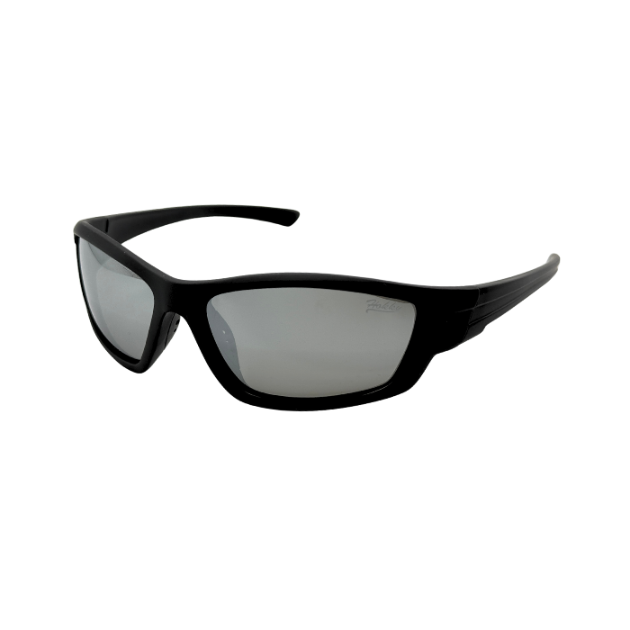A pair of black, floatable, polarized sunglasses designed for water sports with a snug fit - side view