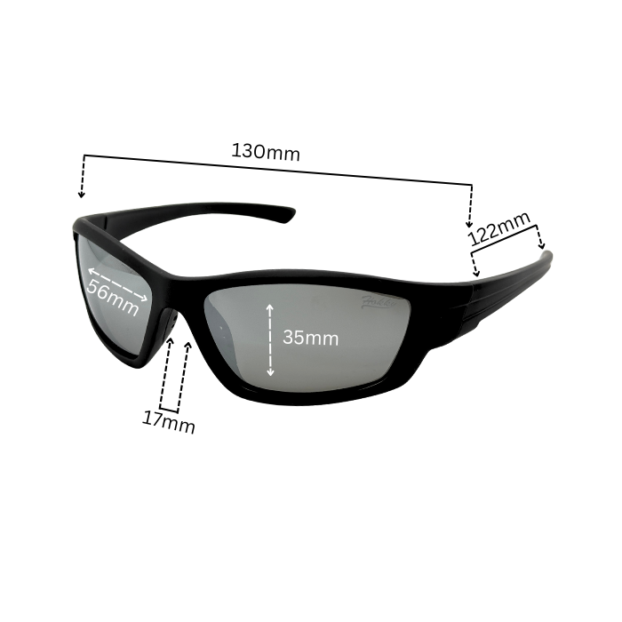 A pair of black, floatable, polarized sunglasses designed for water sports with a snug fit - dimensions