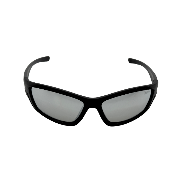 A pair of black, floatable, polarised sunglasses designed for water sports with a snug fit. - Front view