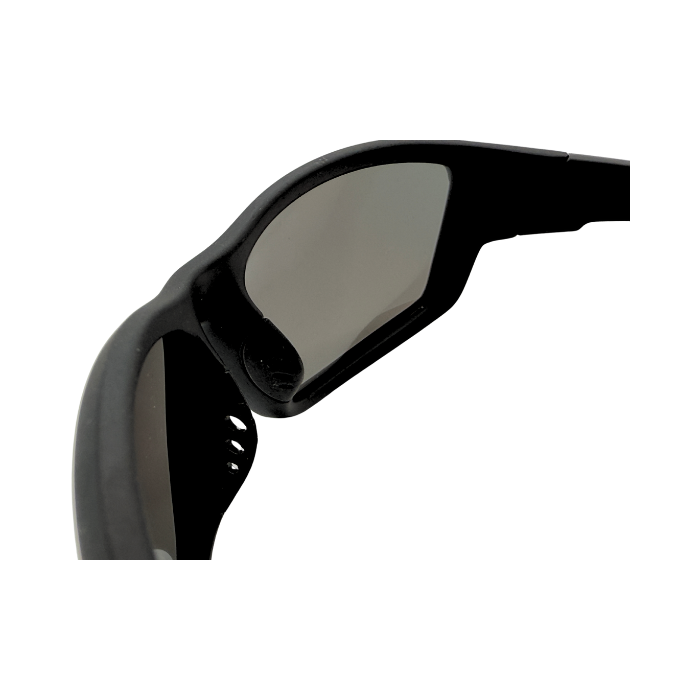 A pair of black, floatable, polarized sunglasses and nosepad.