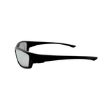 A pair of black, floatable, polarized sunglasses designed for water sports with a snug fit - side view