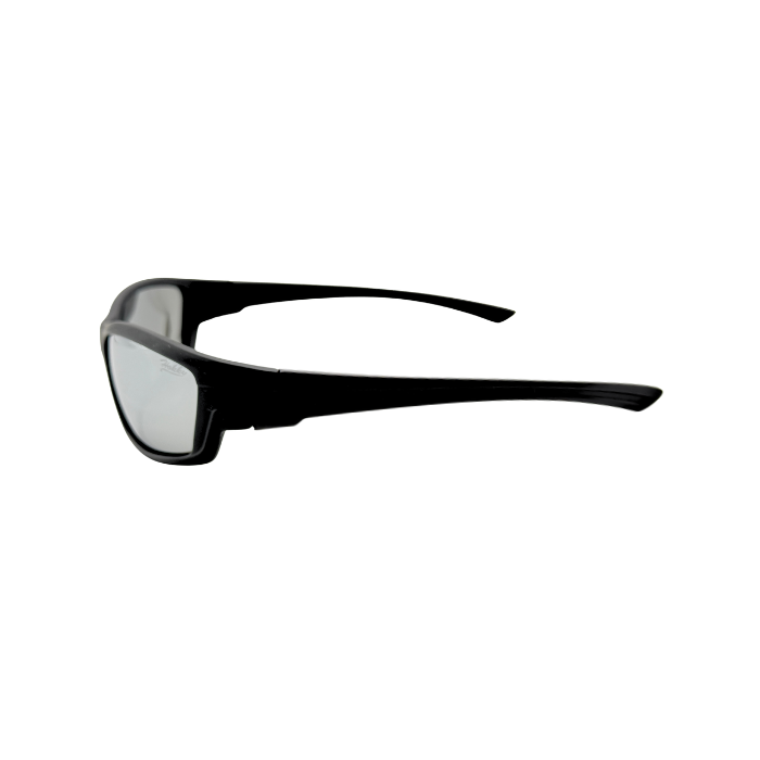 A pair of black, floatable, polarized sunglasses designed for water sports with a snug fit - side view