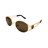 A pair of gold-colored Hokky Regina luxury sunglasses with dark polarized lenses and decorative elements on the arms.