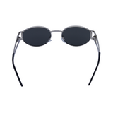 Back View of A pair of 'Regina' women's sunglasses with a silver metal frame and dark polarized lenses.