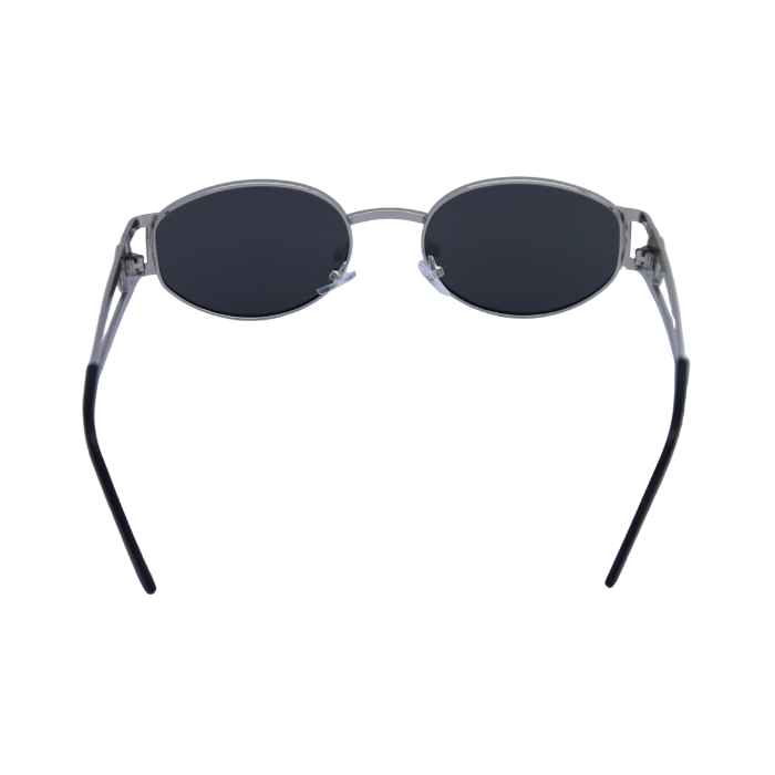 Back View of A pair of 'Regina' women's sunglasses with a silver metal frame and dark polarized lenses.