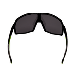 Back of black Hokky Rush sunglasses with green accents and mirrored black lenses designed for cycling or skiing.