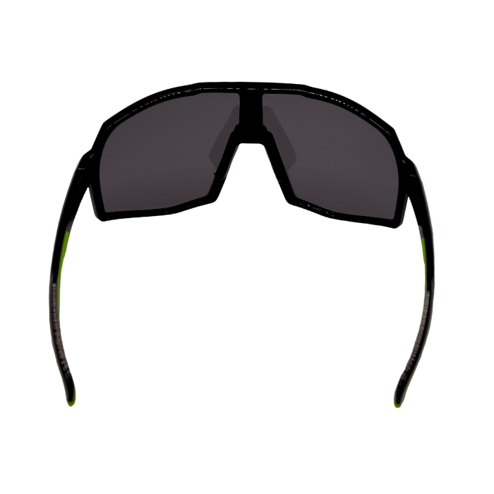 Back of black Hokky Rush sunglasses with green accents and mirrored black lenses designed for cycling or skiing.
