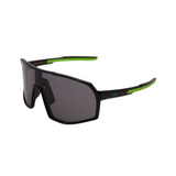 A pair of black Hokky Rush sunglasses with green accents and mirrored black lenses designed for cycling or skiing.