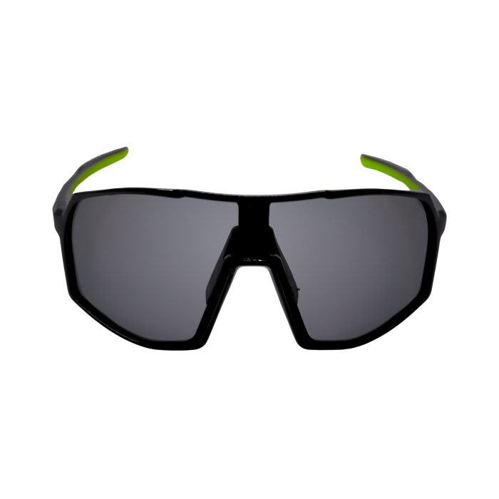 Front View of black Hokky Rush sunglasses with green accents and mirrored black lenses designed for cycling or skiing.