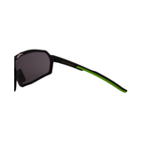 Hinges of black Hokky Rush sunglasses with green accents and mirrored black lenses designed for cycling or skiing.