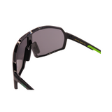 A pair of black Hokky Rush sunglasses with green accents and mirrored black lenses and black nosepad.