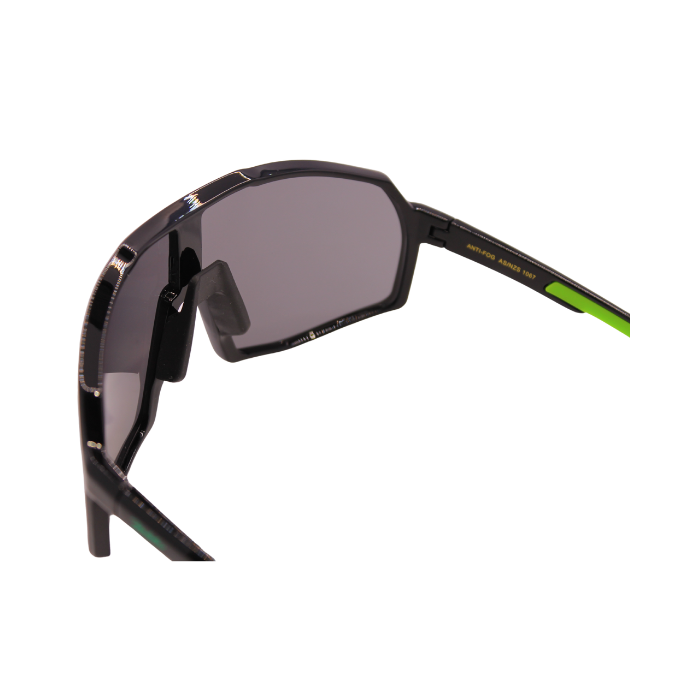 A pair of black Hokky Rush sunglasses with green accents and mirrored black lenses and black nosepad.