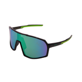 A pair of black Hokky Rush sunglasses with green accents and mirrored blue-green lenses designed for cycling or skiing.