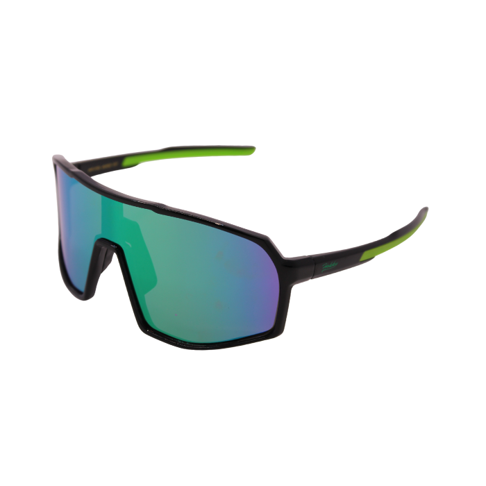 A pair of black Hokky Rush sunglasses with green accents and mirrored blue-green lenses designed for cycling or skiing.