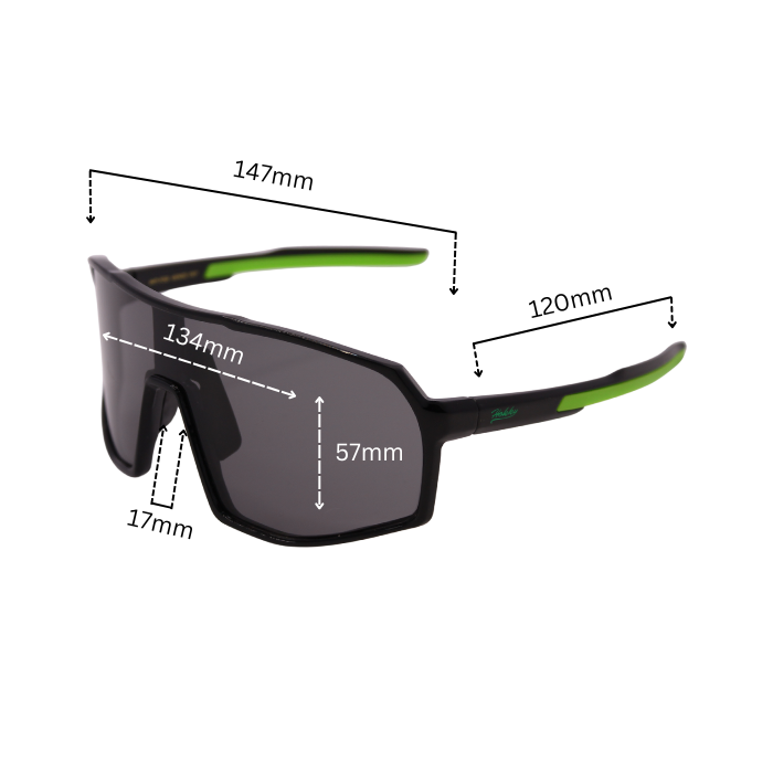 Dimension of black Hokky Rush sunglasses with green accents and mirrored black lenses designed for cycling or skiing.