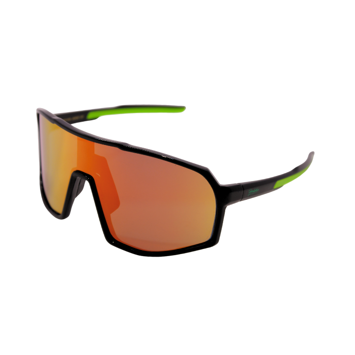 A pair of black Hokky Rush sunglasses with green accents and mirrored orange and yellow lenses designed for cycling or skiing.
