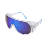 A pair of 'Sentinel' unisex sunglasses with blue mirrored lenses and a clear frame.