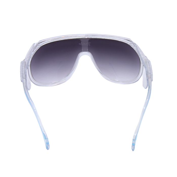 Back View of Sentinel's unisex sunglasses with black mirrored lenses and a clear frame.