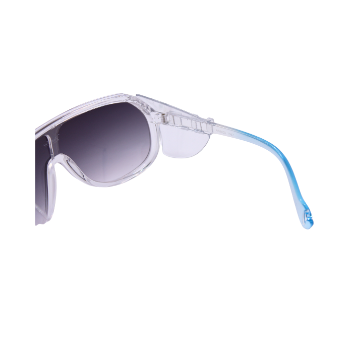 Hinges of 'Sentinel' unisex sunglasses with black mirrored lenses and a clear frame.