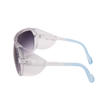 Side View of 'Sentinel' unisex sunglasses with black mirrored lenses and a clear frame.