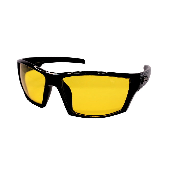 A pair of Hokky Sinclair sunglasses with a black frame and yellow polarized lenses.